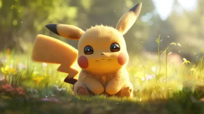Pikachu sits in sunlit grass surrounded by soft-focus trees and wildflowers, placed centre-low so the blurred green upper half suits a clock.