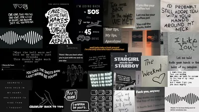 A dense wall of song lyrics, screenshots and handwritten notes in grey and black, with sound waveforms running along the top and bottom rows.