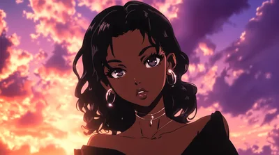Curly hair and gold hoops catch the last light as violet and orange clouds pile up behind her bare shoulder.