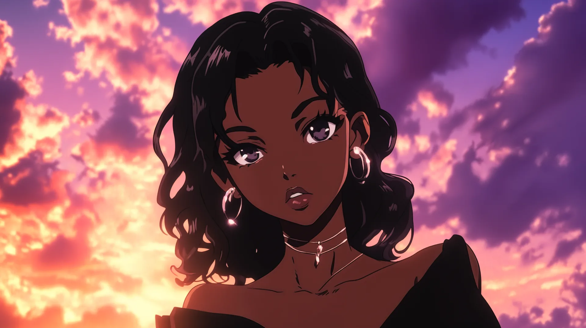 Curly hair and gold hoops catch the last light as violet and orange clouds pile up behind her bare shoulder.