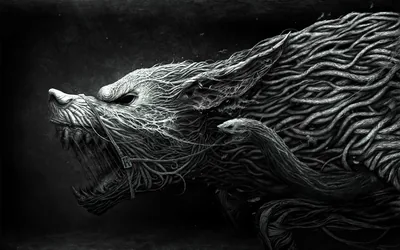 A snarling wolf built from twisted roots charges forward, drawn in white line work on black.