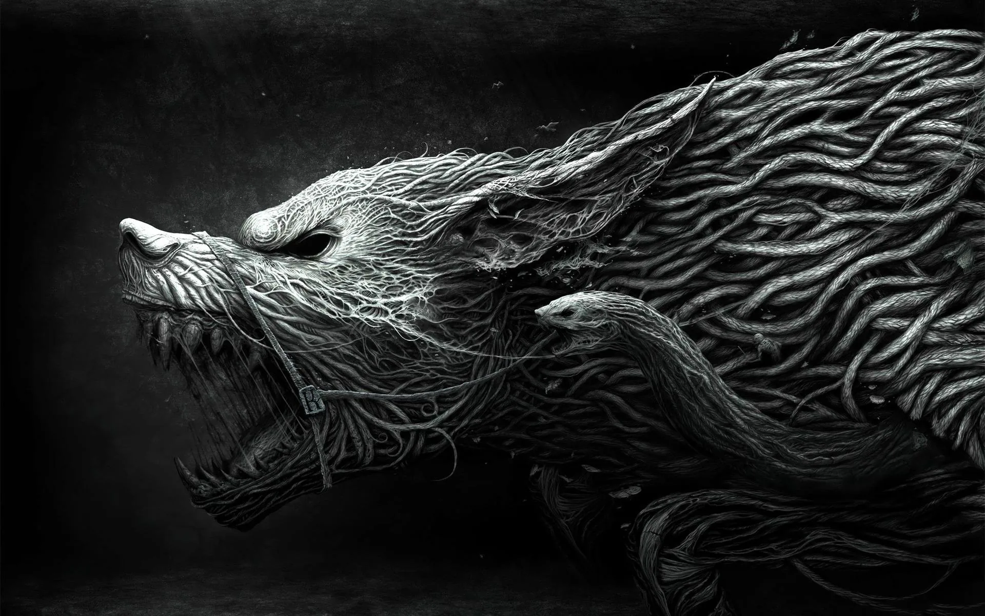 A snarling wolf built from twisted roots charges forward, drawn in white line work on black.