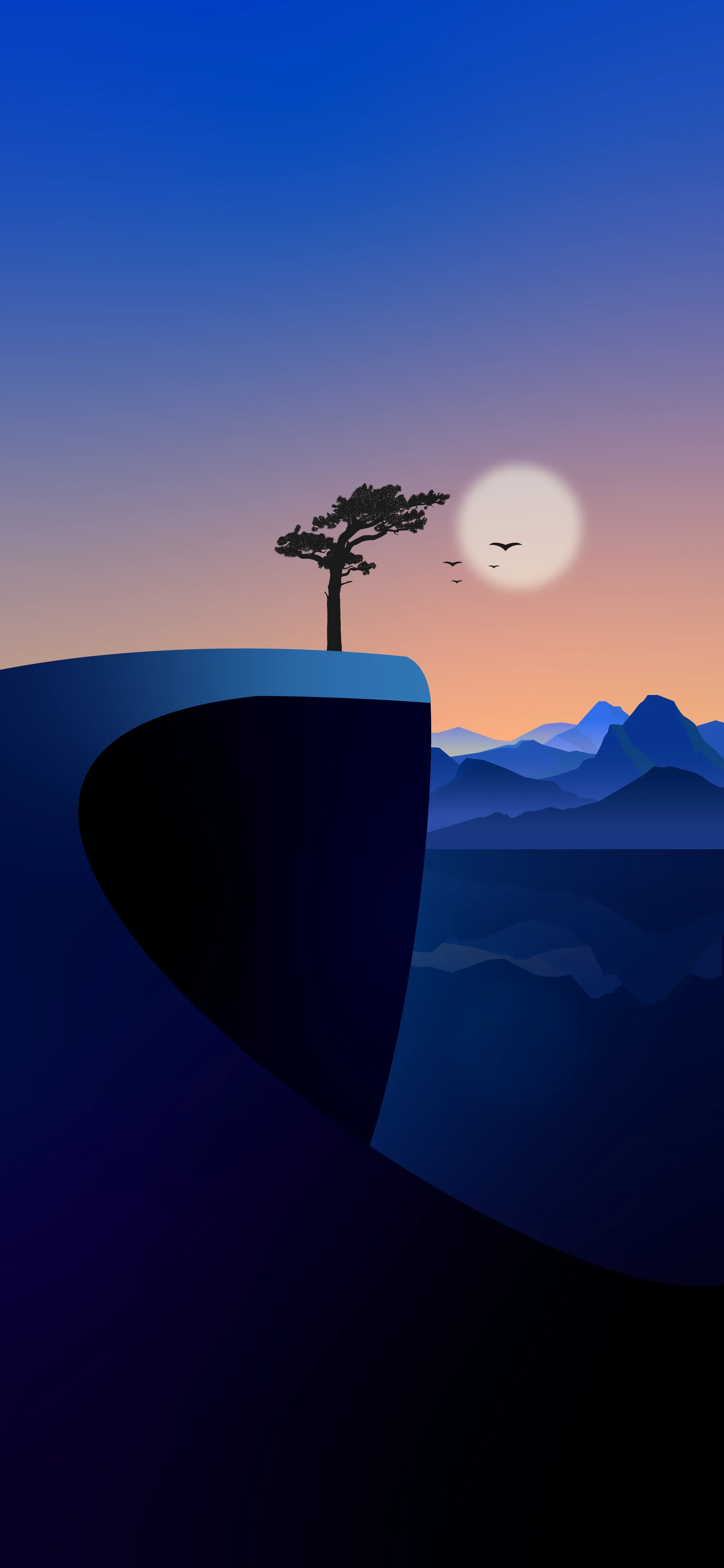 A small tree silhouette stands on a dark blue cliff, a pale glowing disc behind it, dusk fading from orange to blue over layered mountain ranges.