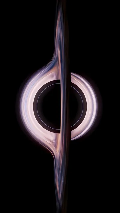 A dark circle sits at the centre with a ring of bent light wrapping over and under it, the disk running out to both edges.