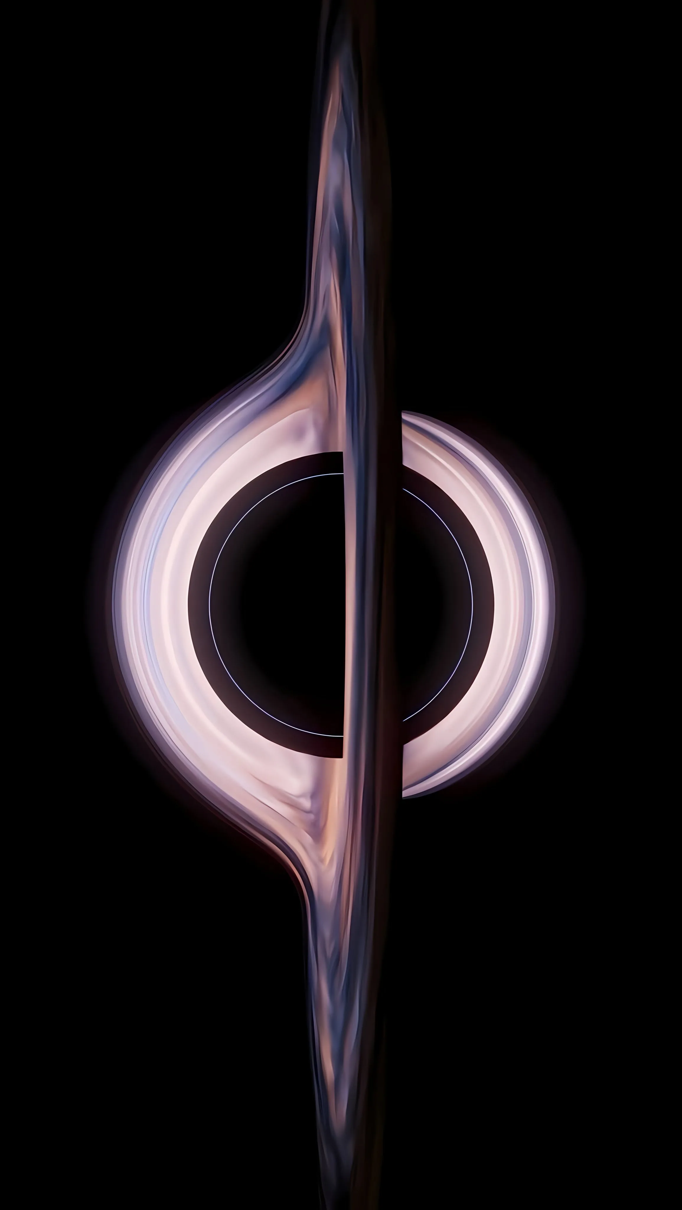 A dark circle sits at the centre with a ring of bent light wrapping over and under it, the disk running out to both edges.