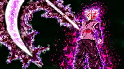 He plants a towering ki scythe at his side, its pink crescent blade hanging over a field of jagged magenta fractals that darken toward the top corners.