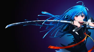 Bright blue hair streams sideways as she pulls the blade across the frame, the background falling from violet to black.