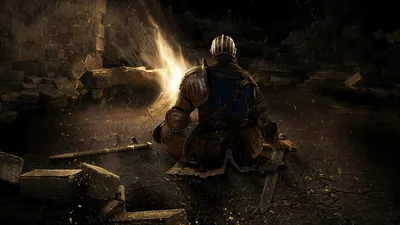 An armoured knight sits hunched beside a bonfire in a ruined stone yard, the flame throwing warm orange light over broken pillars.