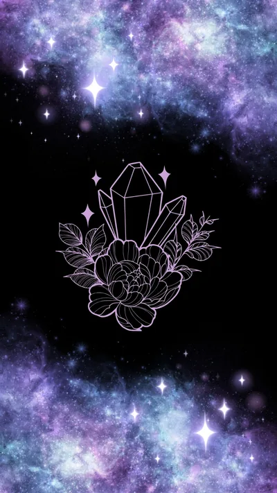 A crystal cluster and two roses drawn in thin white line work sit centred on a purple and teal star field, black holding the middle band.