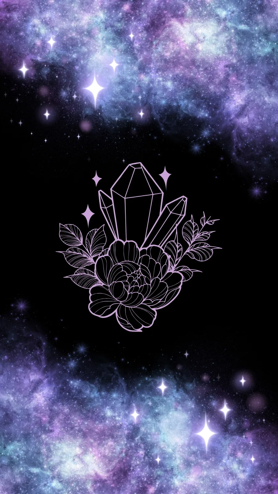 A crystal cluster and two roses drawn in thin white line work sit centred on a purple and teal star field, black holding the middle band.