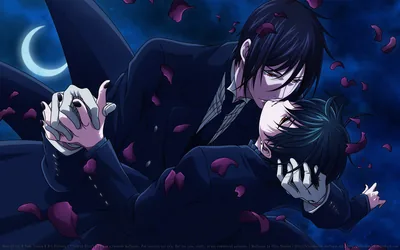 He holds the boy against him in a night-blue field, red rose petals drifting past and a thin crescent moon in the upper left.