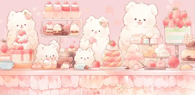 Cream coloured puppies pose among strawberry cakes and pastries along a pink bakery counter, a soft watercolour scene stretched wide for ultrawide monitors.