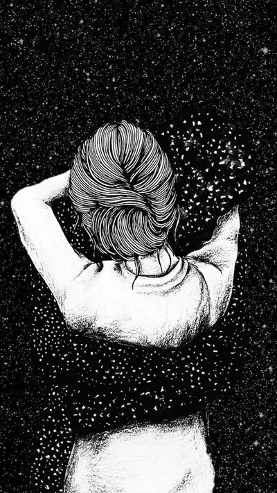 Ink drawing of a woman seen from behind, arms raised into a field of stippled stars, her mirror image repeating below the horizon line.