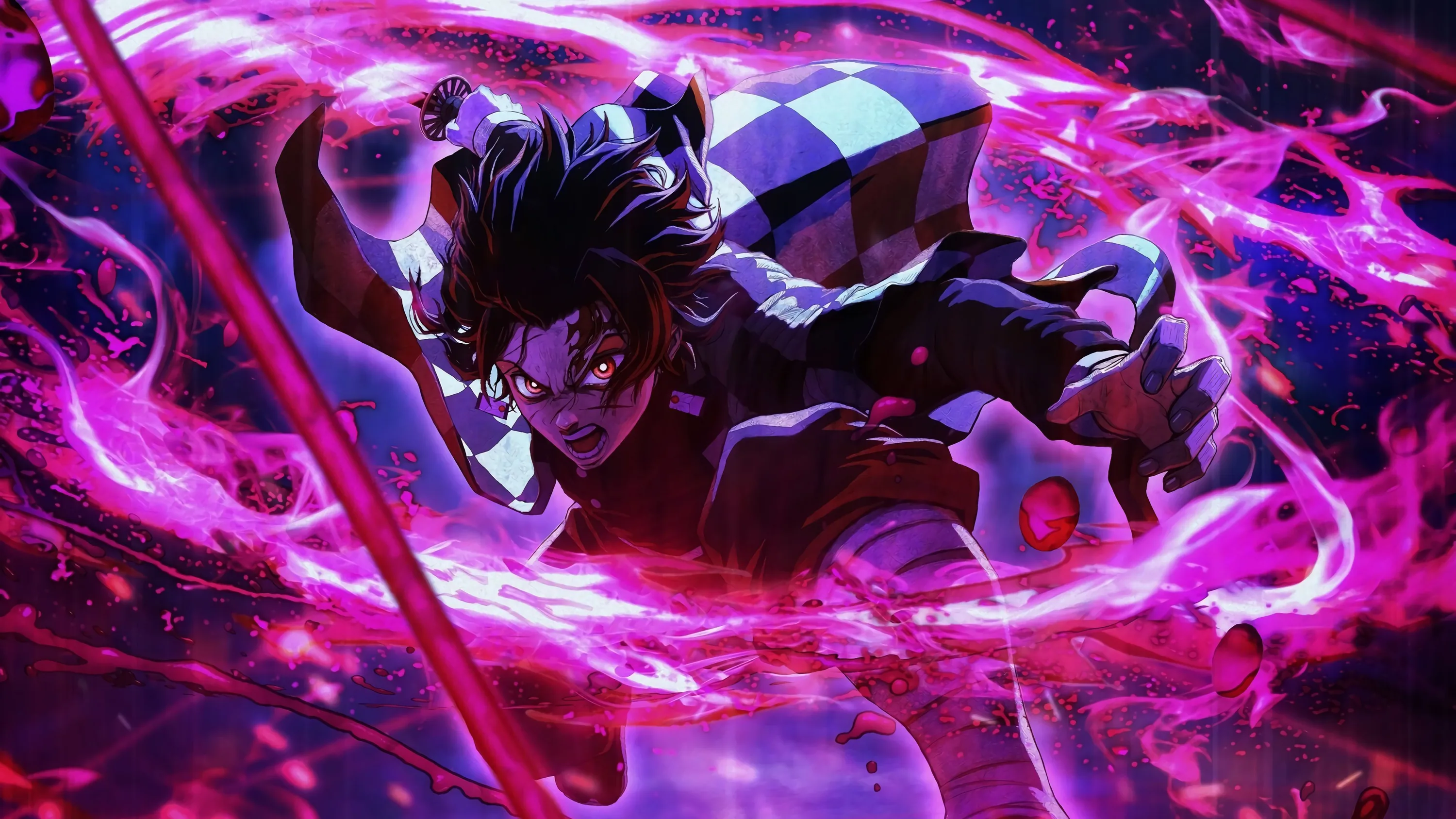 Tanjiro of Demon Slayer lunges through spiralling ribbons of pink-purple energy, his green-and-black checkered haori flaring behind his raised sword arm.