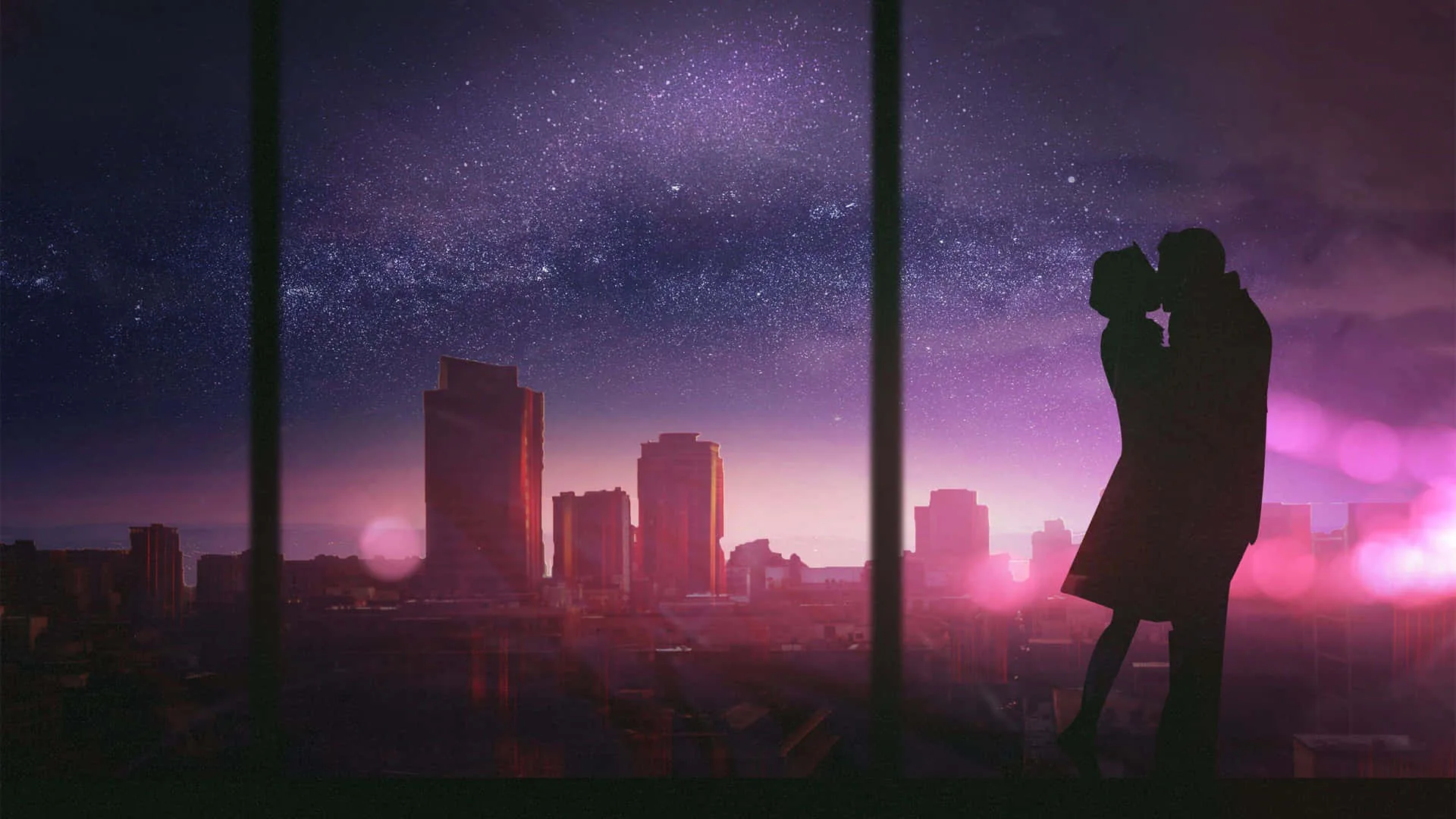Two figures kiss in front of a floor-to-ceiling window while towers and a pink haze fill the street below, the Milky Way running across the violet sky above them.