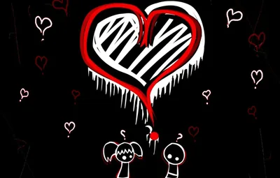 A scribbled red and white heart drips above two stick-figure children on black, one holding a small heart out to the other.