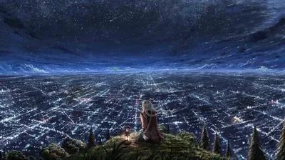 A cloaked figure sits with a lantern on a pine-lined overlook, a whole grid of city lights spreading to the horizon under a starry blue night.