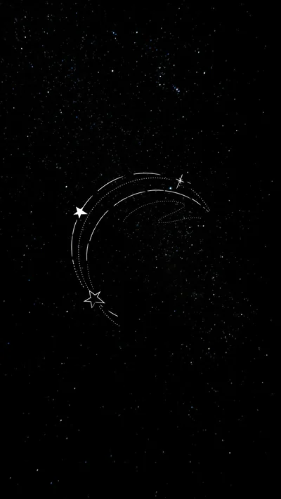 A double crescent drawn in thin white strokes floats mid-frame, four-point sparkles caught on its tips, the rest left as speckled deep space.