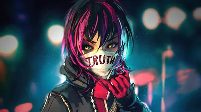 A girl with pink-streaked black hair tugs at a white mask painted with the word TRUTH, city lights melting into red and green bokeh behind her.