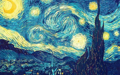 Thick swirling brushwork carries yellow stars and a crescent moon across a deep blue sky, a dark cypress rising at the right above a sleeping village.