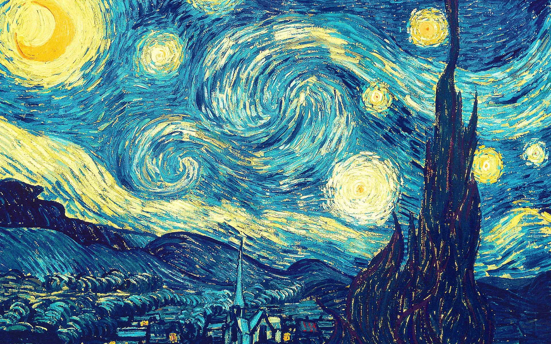 Thick swirling brushwork carries yellow stars and a crescent moon across a deep blue sky, a dark cypress rising at the right above a sleeping village.