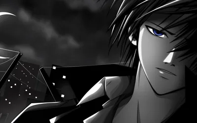 A sharp-featured boy in a dark coat looks sideways in near-monochrome, one blue eye lit against a city rooftop and cloudy sky.