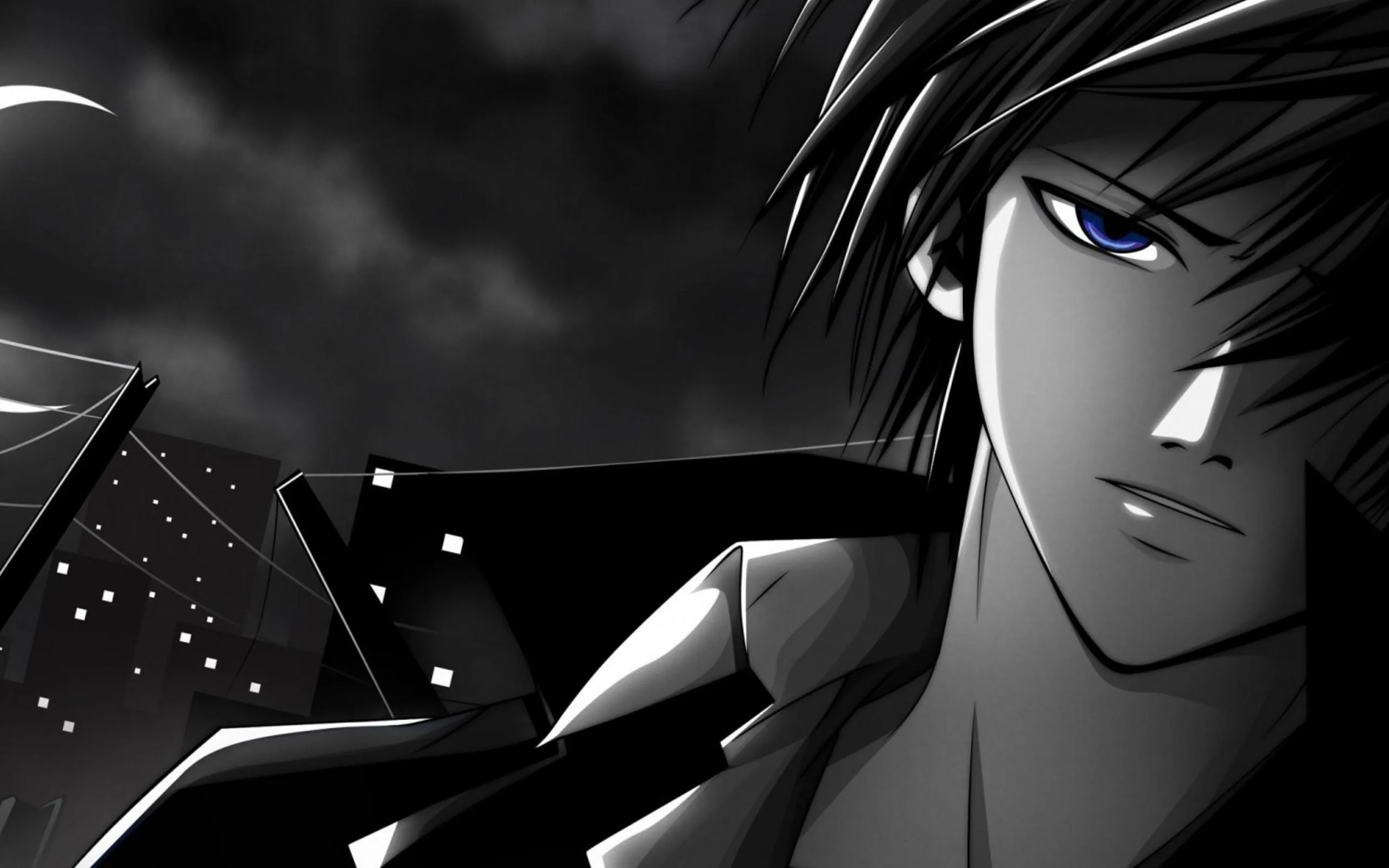 A dark-haired boy fills the right side in near black-and-white, blue eyes the only colour, city lights scattered behind his shoulder.