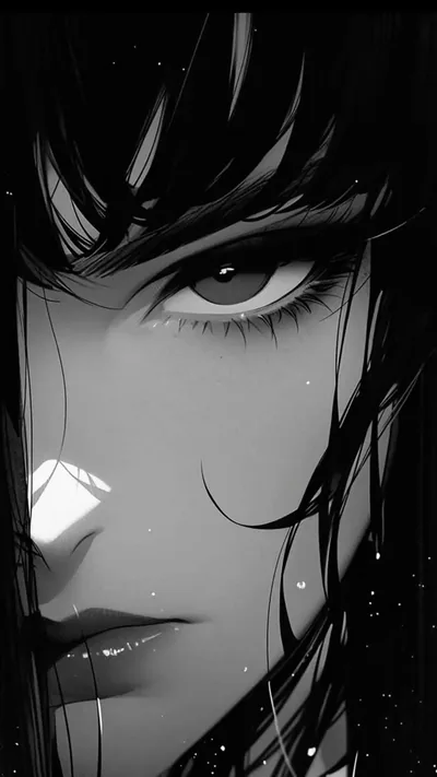 One eye and a pair of lips catch the light through falling black hair, the rest of the tall face dissolving into monochrome shadow.
