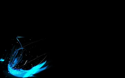A burst of blue light and fine droplets sits in the bottom left corner, the rest of the frame left black.