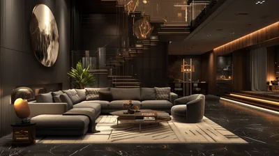 A grey sectional faces a low table on polished black marble, warm strip lighting on wood walls and a staircase rising at the back.