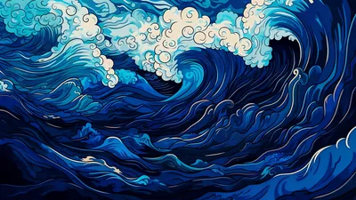 Layered indigo waves curl under spiralling cream clouds in a woodblock-inspired style, the deepest navy pooling in the lower right corner.