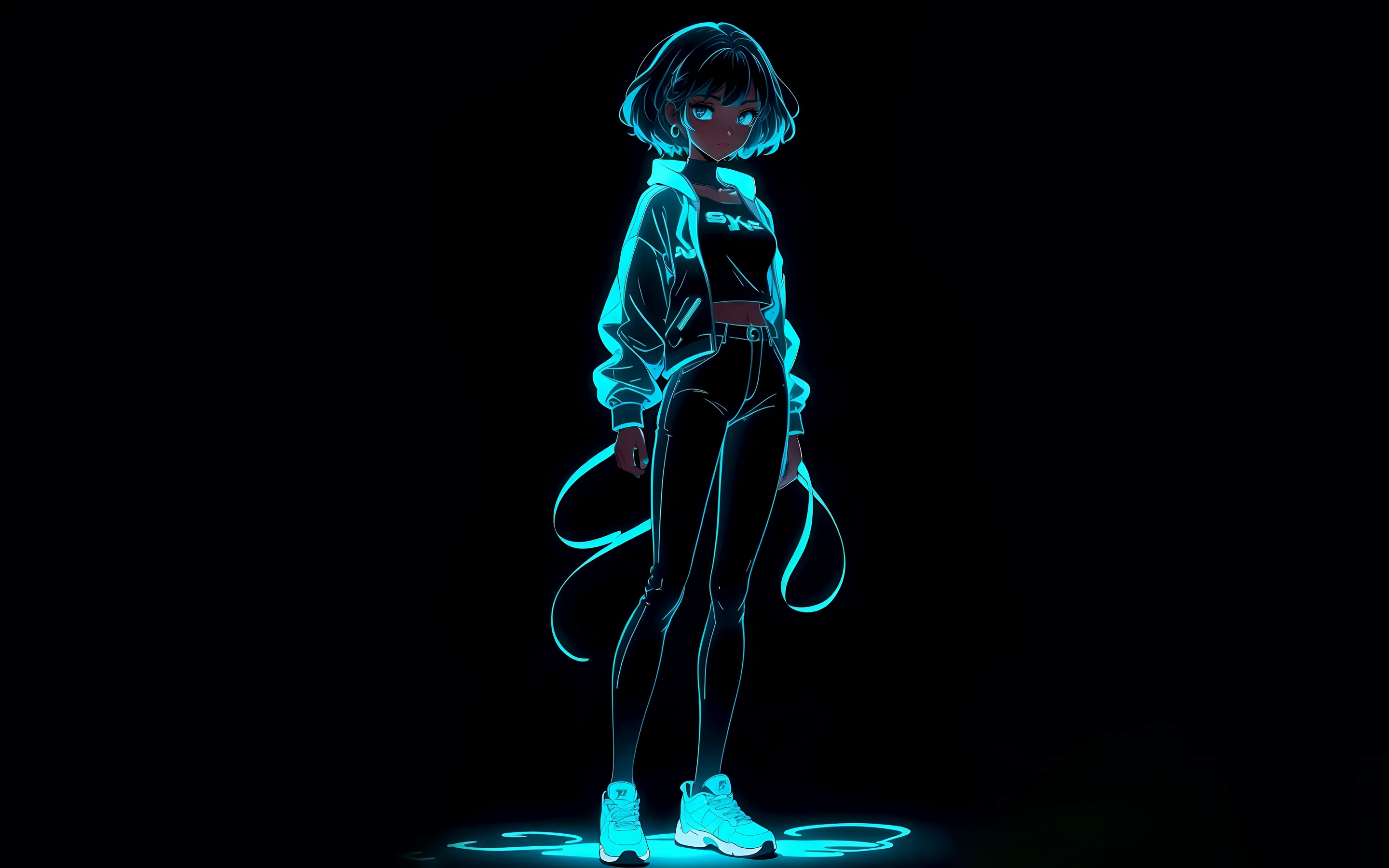 An anime figure drawn only in glowing cyan lines stands on a small pool of light, everything around her pure black.