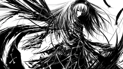 Brushed black and white strokes build a hooded figure in a shredded cloak, hair and fabric tearing off into the white space on the right.