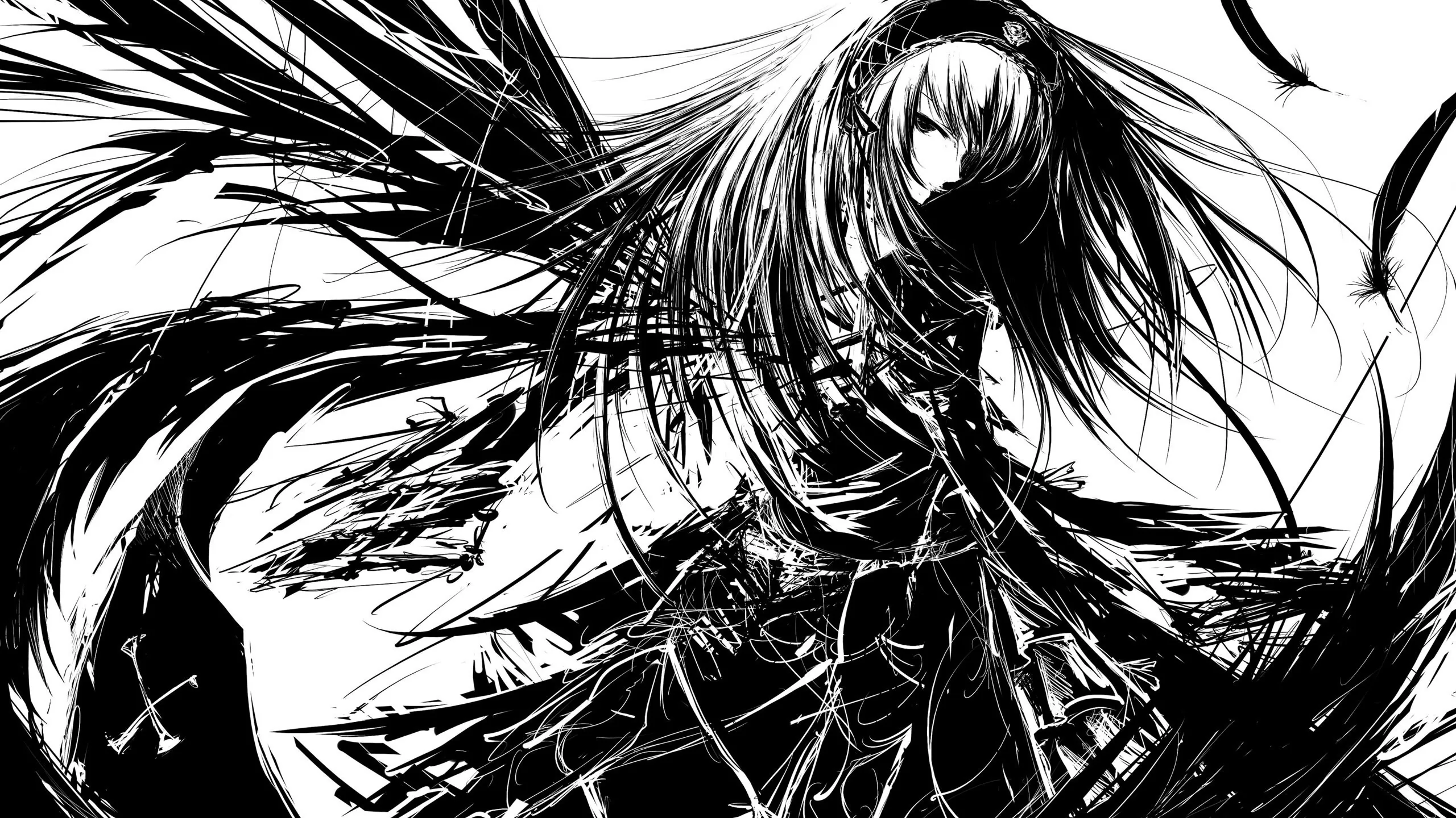 Brushed black and white strokes build a hooded figure in a shredded cloak, hair and fabric tearing off into the white space on the right.
