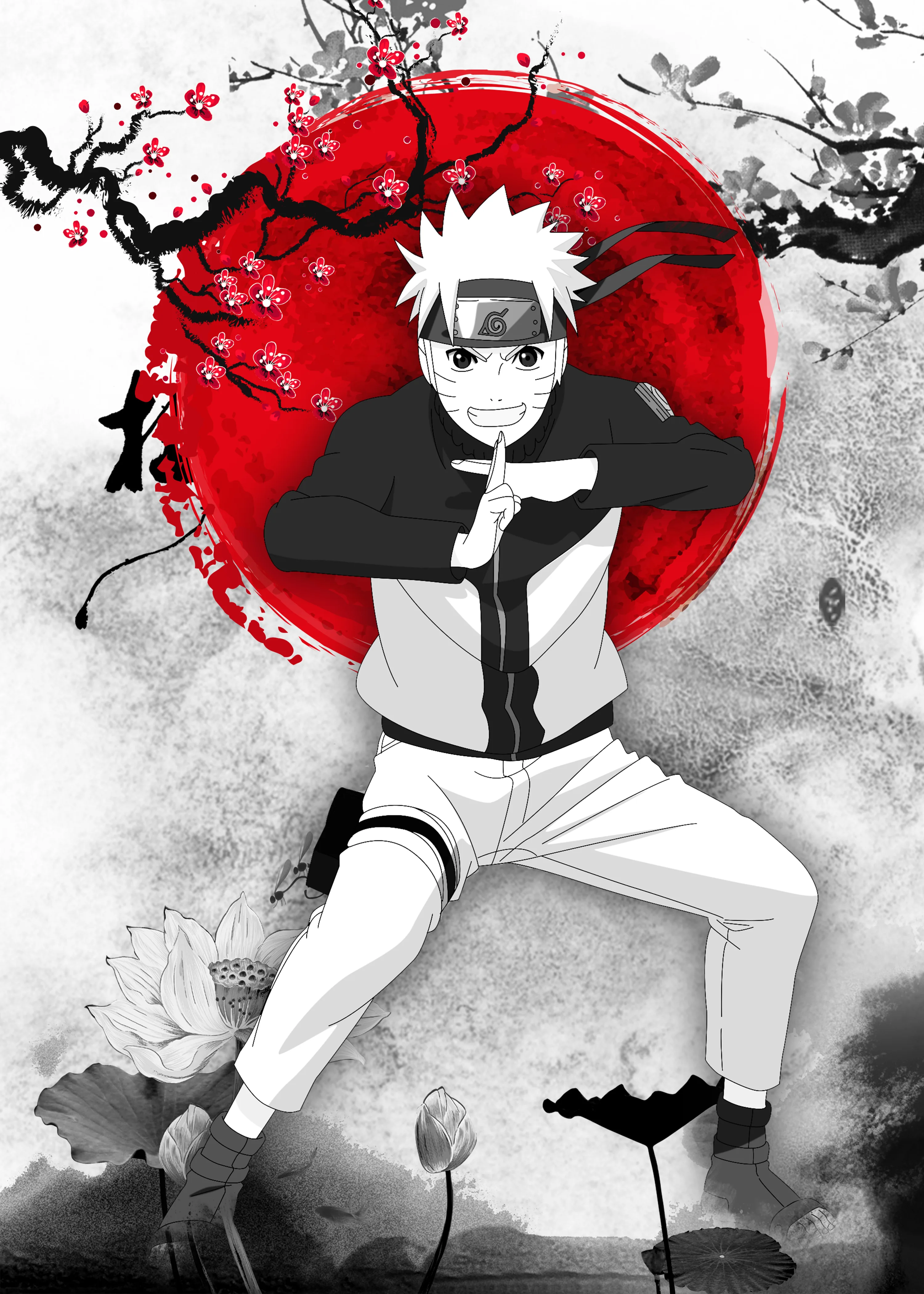 Naruto strikes a hand-seal pose over a red sun disc, painted sumi-e style with plum blossoms — everything monochrome except the red, lotus sketches fading out below.