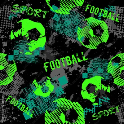 A seamless grunge print of footballs, halftone dots and the words SPORT and FOOTBALL in acid green over a scuffed black ground.