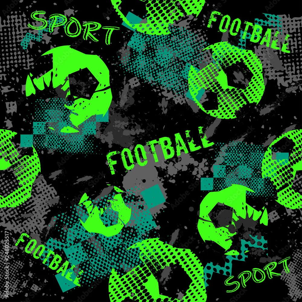 A seamless grunge print of footballs, halftone dots and the words SPORT and FOOTBALL in acid green over a scuffed black ground.