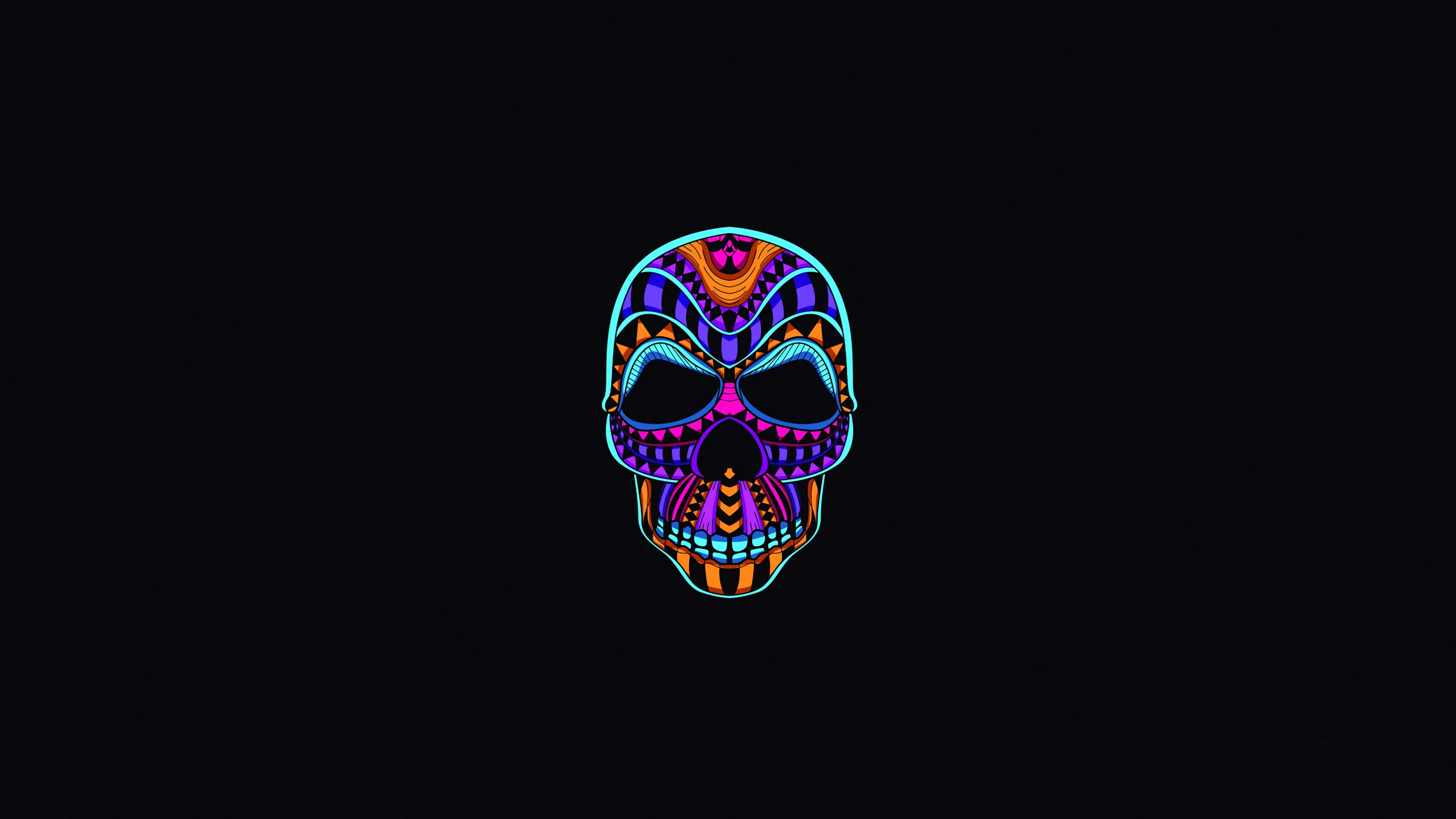 A skull filled with tribal patterns in blue, magenta and gold glows at the centre of a flat black background.