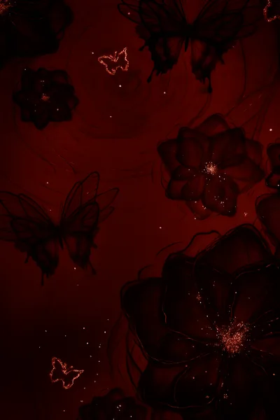 Butterflies and wide-petalled flowers sink into a maroon haze, picked out by fine sparkle dust, with the darkest patch running along the upper left.