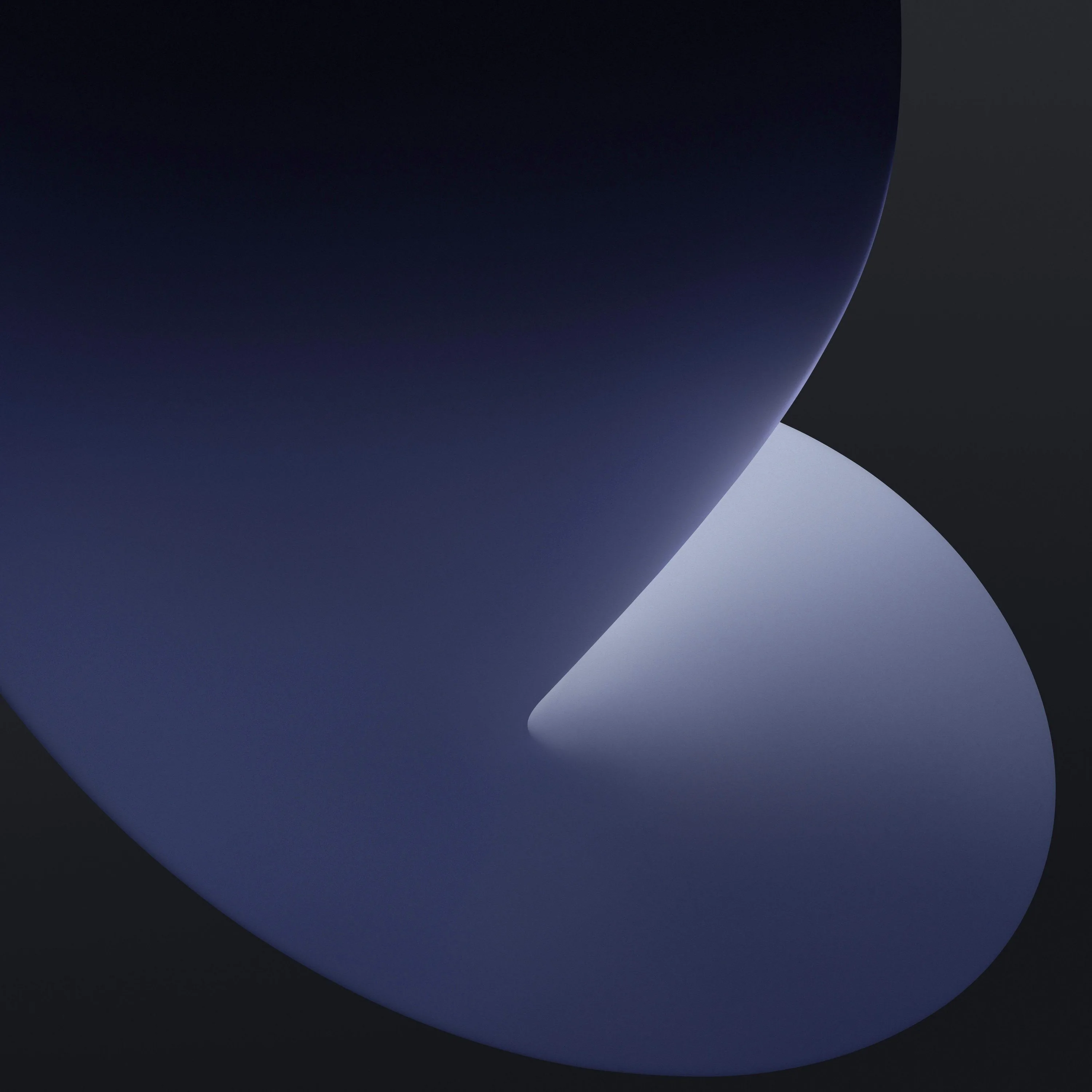 Two deep navy curves fold past each other, meeting at a point where the light turns them pale blue, everything else near black.