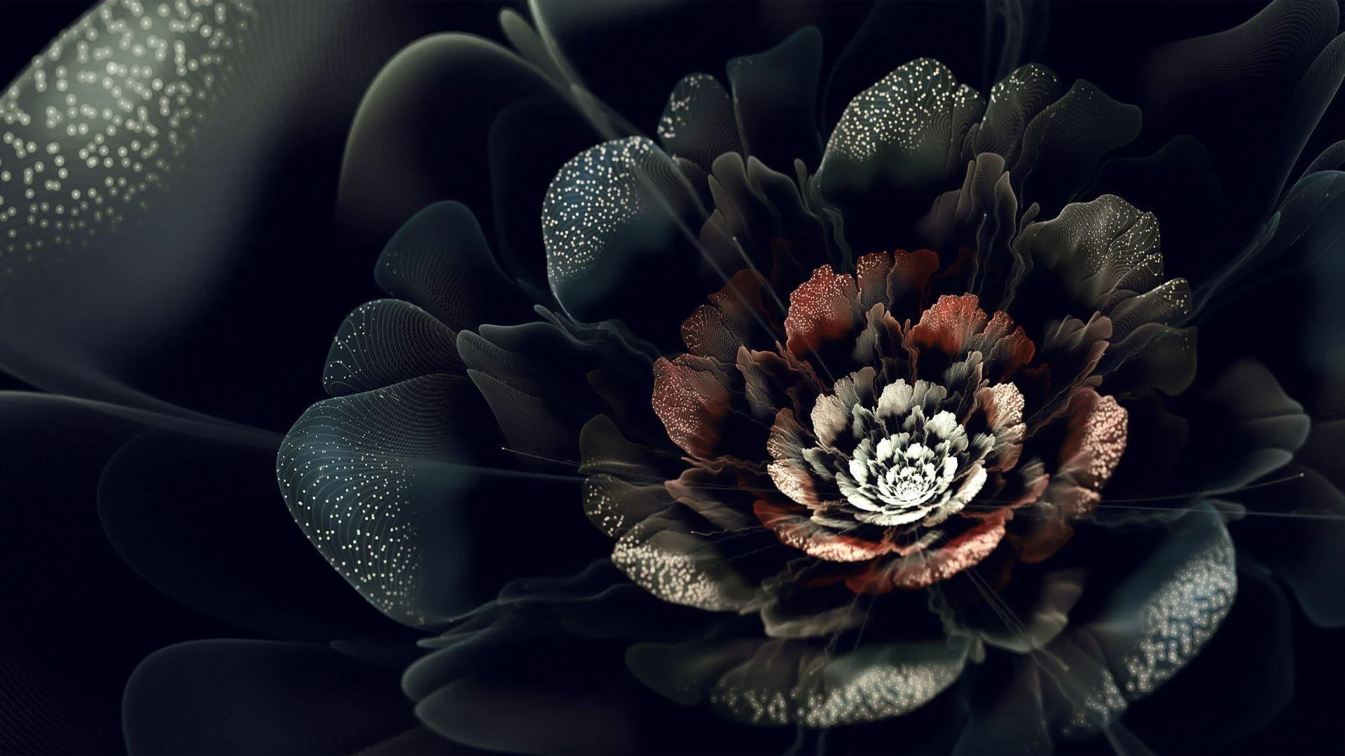 A digitally grown bloom spirals out from a white core through rust-red petals into dark teal, the outer layers speckled and fading into black.