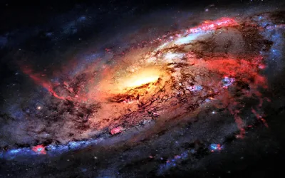 Streams of red gas erupt from a spiral galaxy's golden centre and trace the arms outward; the top-left corner stays blackest for a clock.