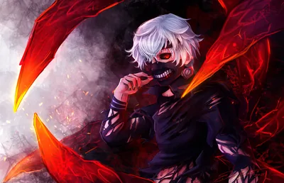 Kaneki lifts a hand to his zipper mask, white hair falling over one eye, as curved red kagune blades arc in from the corners of the frame.