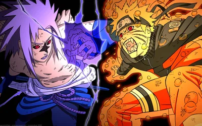 A grey-skinned, wing-armed Sasuke clashes head-on with a red-eyed Naruto, blue lightning on the left answering the orange chakra boiling up the right.