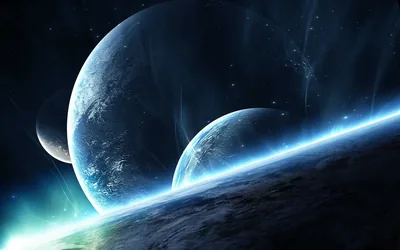 Planets line up in the dark as a thin band of light breaks over the foreground planet's edge, the black upper corner staying clear for a clock.