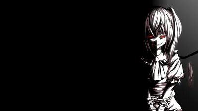 A pale girl in a frilled dress stands to the right, red eyes and a faint smile emerging from shadow with the left half kept empty.