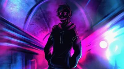 Hands in hoodie pockets, a masked figure walks out of an underpass washed in magenta and blue light, the toothy grin catching the glow.