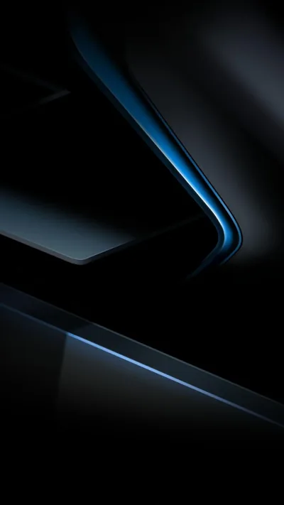 Two blue light lines trace the curved edges of dark metal panels, one sweeping across the top third and one cutting the lower corner.