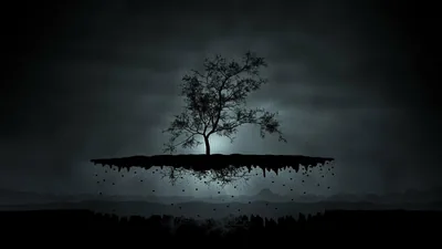 A slab of earth floats mid-air carrying one bare tree, crumbs of soil raining off its underside against a grey glow - dark corners take icons well.