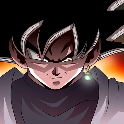 Lit from below in a square crop, base Goku Black scowls against an amber-to-black gradient, his green Potara earring the brightest point on the right.
